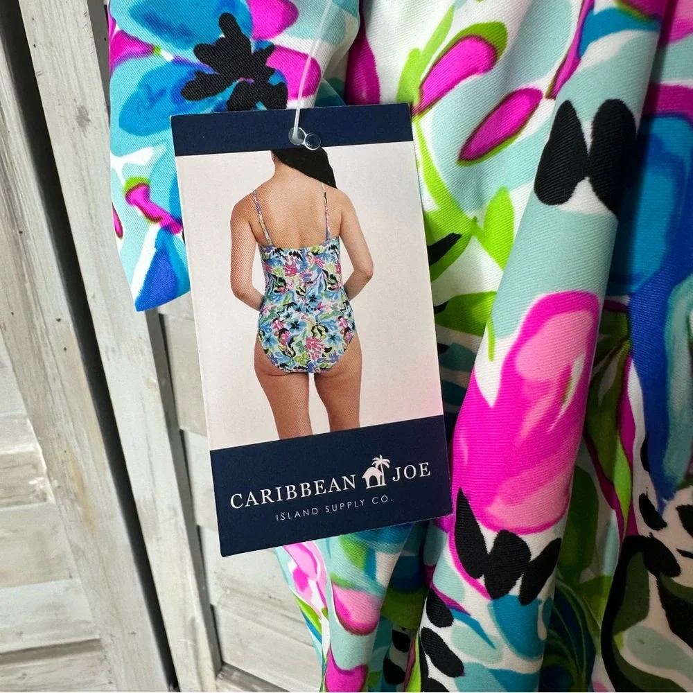 Caribbean Joe tiered bandeau floral 1 piece swimsuit removable straps Small NWT